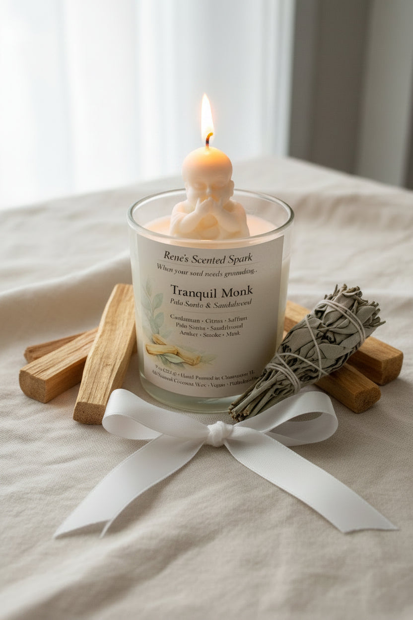Tranquil Monk – Palo Santo & Sandalwood Meditation Candle | Hand-Poured Coconut Wax | Spiritual Gift