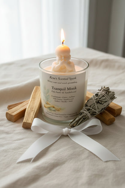 Tranquil Monk – Palo Santo & Sandalwood Meditation Candle | Hand-Poured Coconut Wax | Spiritual Gift