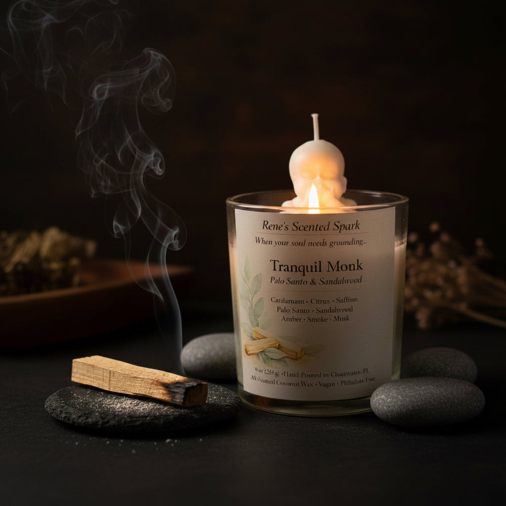 Tranquil Monk – Palo Santo & Sandalwood Meditation Candle | Hand-Poured Coconut Wax | Spiritual Gift