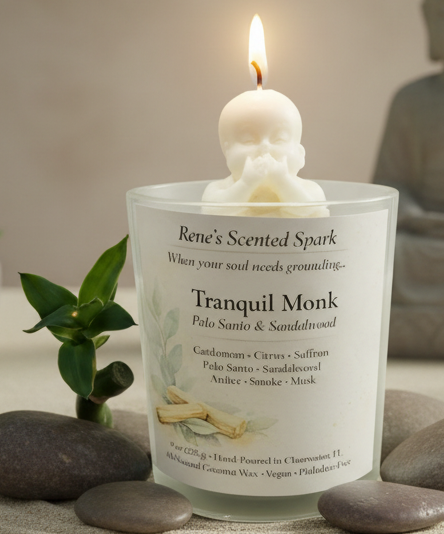 Hand-poured Tranquil Monk candle with Palo Santo and Sandalwood scent, featuring a smooth monk topper and styled with spa stones, greenery, and glowing candles