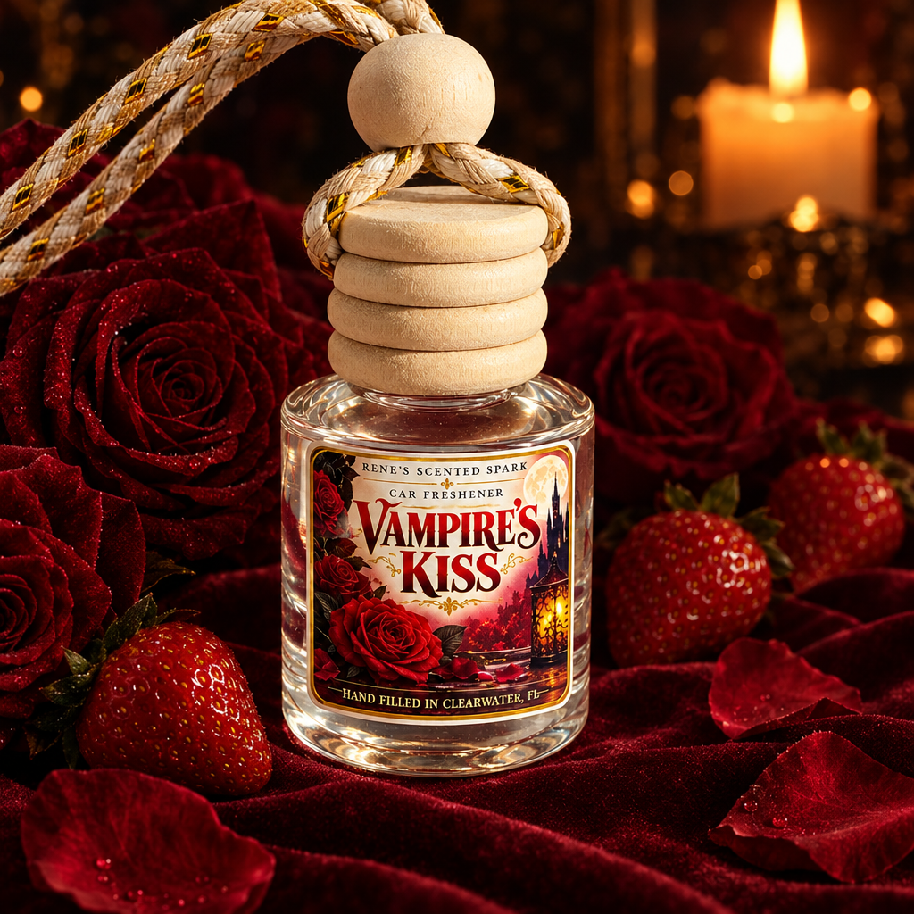Vampire's Kiss car air freshener on burgundy velvet with dark red roses, rose petals and ripe strawberries