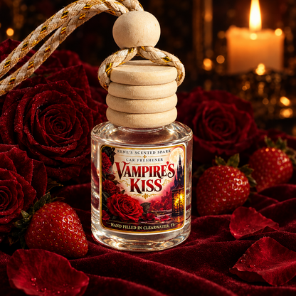 Vampire's Kiss car air freshener on burgundy velvet with dark red roses, rose petals and ripe strawberries