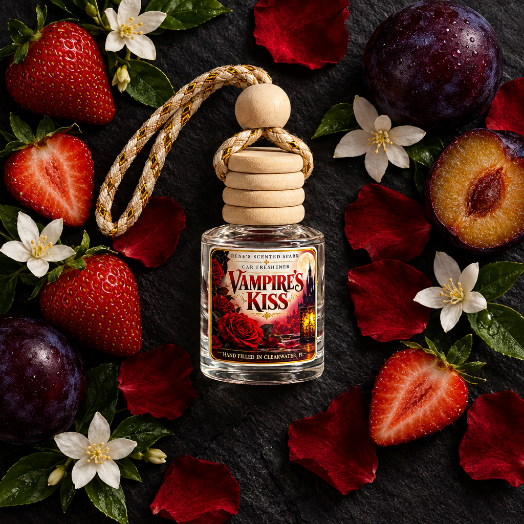 Vampire's Kiss car freshener with strawberries, jasmine flowers, dark plums and rose petals