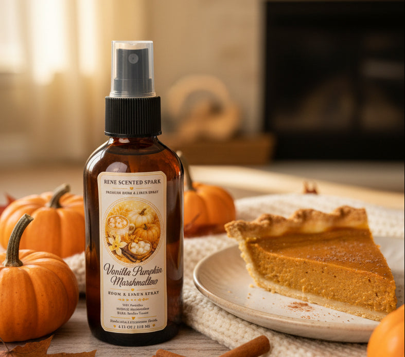Vanilla Pumpkin Marshmallow room and linen spray by Rene’s Scented Spark in an amber spray bottle, displayed with pumpkin pie, orange pumpkins, and cozy autumn décor in warm natural light.
