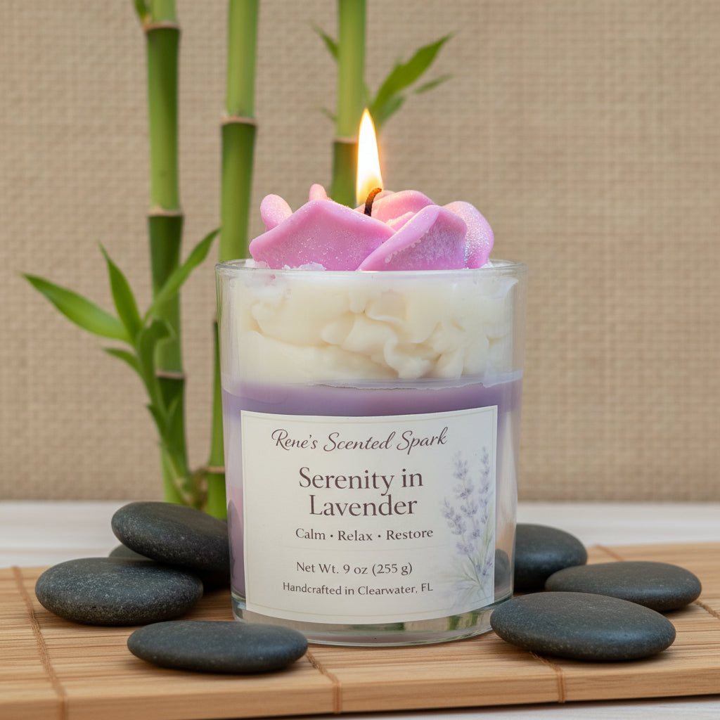 Serenity in Lavender coconut wax candle with pink rose wax top, lavender sprigs, and spa-style background