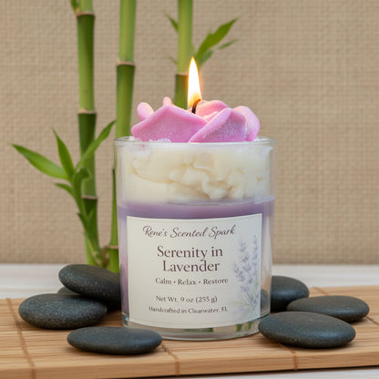 Serenity in Lavender coconut wax candle with pink rose wax top, lavender sprigs, and spa-style background