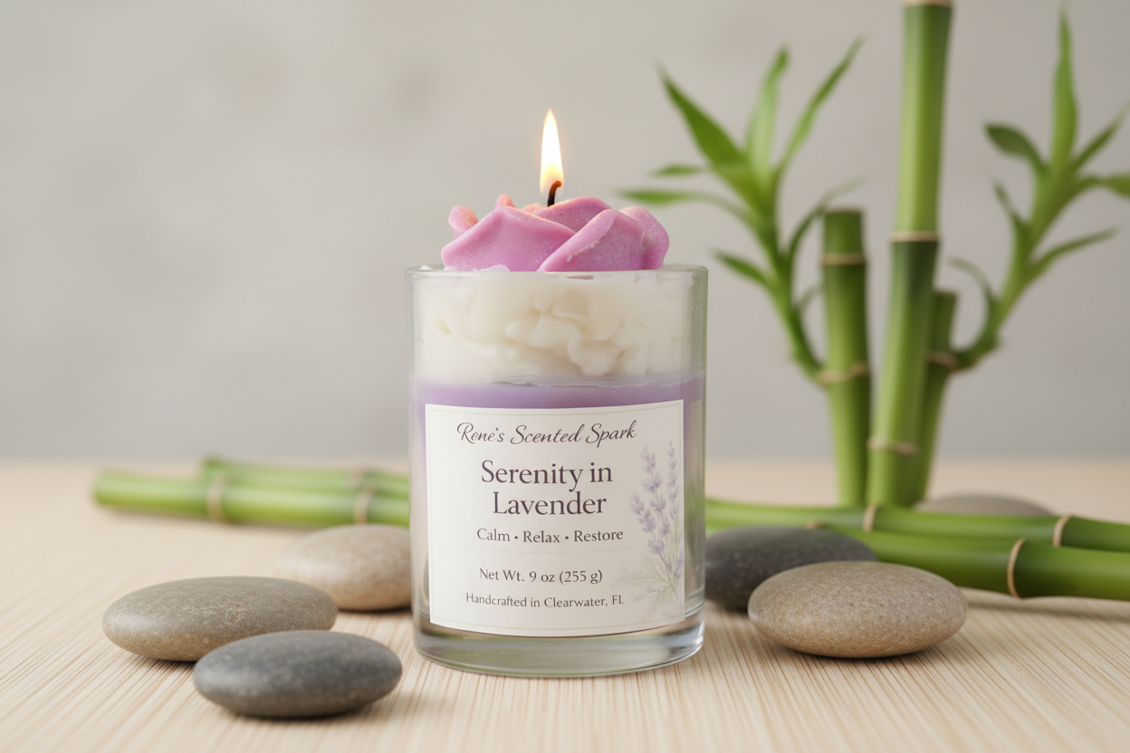 Scented candle labeled 'Serenity in Lavender' with a pink rose on top