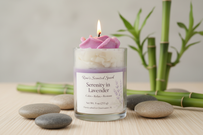 Scented candle labeled 'Serenity in Lavender' with a pink rose on top