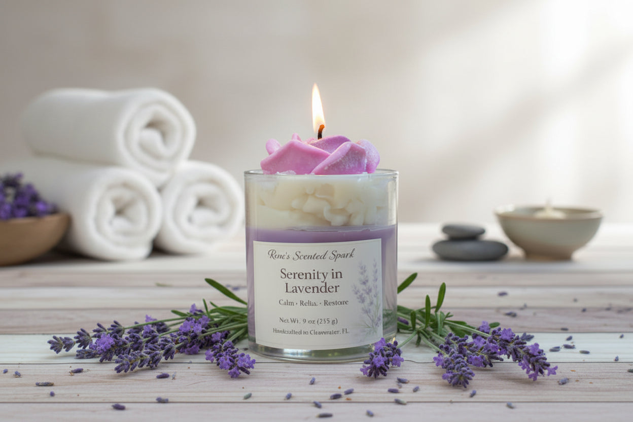 Serenity in Lavender coconut wax candle with rose wax top, lavender sprigs, and spa towels in relaxing setting