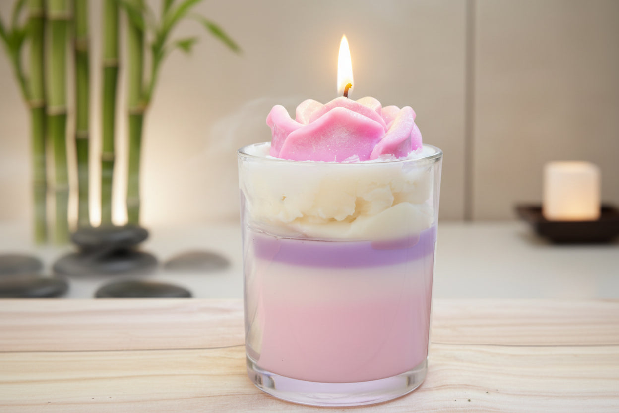 Lavender vanilla coconut wax candle with pink rose wax top, minimalist spa setting with bamboo and soft lighting
