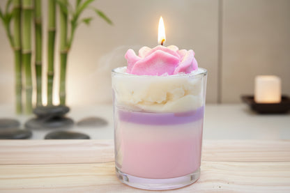 Lavender vanilla coconut wax candle with pink rose wax top, minimalist spa setting with bamboo and soft lighting