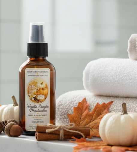 Vanilla Pumpkin Marshmallow room and linen spray by Rene’s Scented Spark in an amber spray bottle, styled with white pumpkins, cinnamon sticks, acorns, autumn leaves, and soft folded towels.