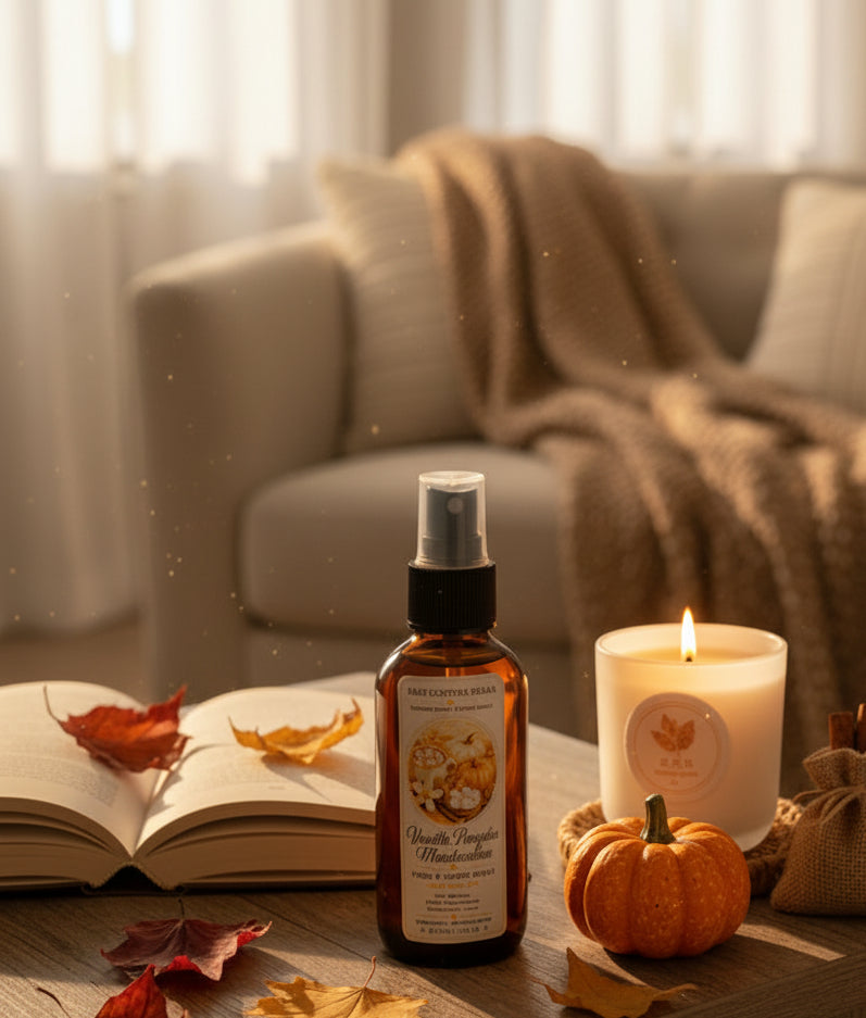 Vanilla Pumpkin Marshmallow room and linen spray by Rene’s Scented Spark displayed with a glowing candle, mini pumpkin, open book, autumn leaves, and a cozy blanket in a warm fall living room.