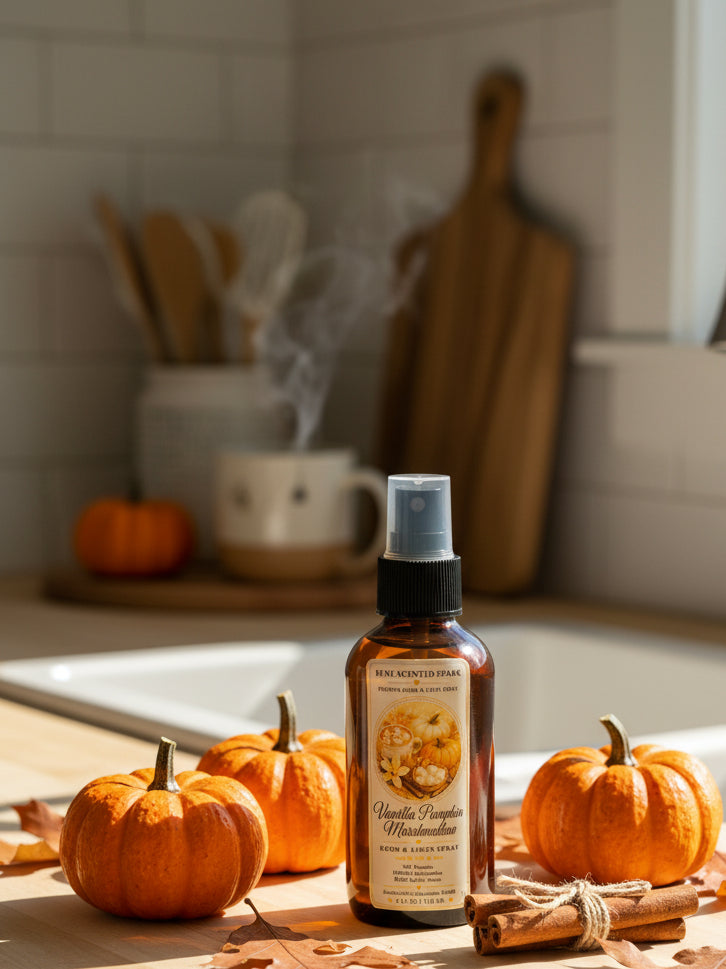 Vanilla Pumpkin Marshmallow room and linen spray by Rene’s Scented Spark in an amber spray bottle, styled with orange pumpkins, cinnamon sticks, and autumn leaves in a warm, cozy kitchen setting.