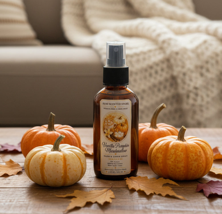 Vanilla Pumpkin Marshmallow room and linen spray by Rene’s Scented Spark in an amber spray bottle, surrounded by orange and white pumpkins, autumn leaves, and a cozy cream knit blanket.