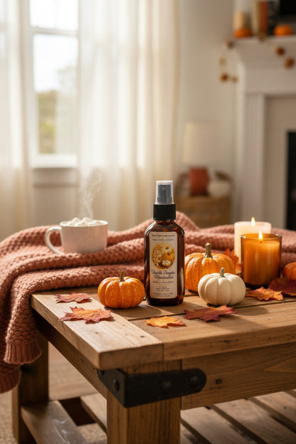Vanilla Pumpkin Marshmallow room and linen spray by Rene’s Scented Spark displayed with mini orange and white pumpkins, glowing candles, autumn leaves, a warm drink, and a cozy knit blanket in a fall living room.