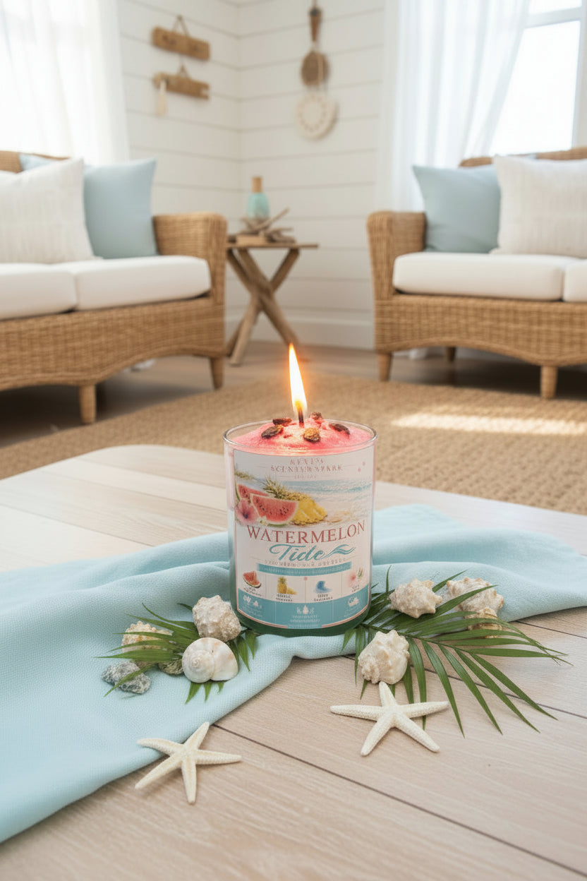 Candle labeled 'Watermelon Tide' on a table with decorative elements in a cozy living room.