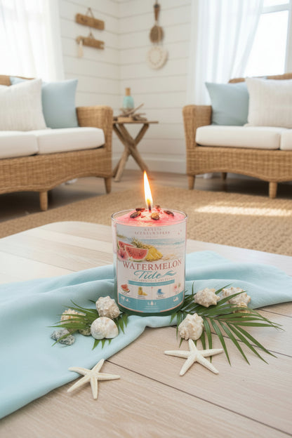Candle labeled 'Watermelon Tide' on a table with decorative elements in a cozy living room.
