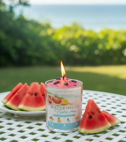 A luxury candle with a realistic watermelon seeds wax topper displayed on a white garden table with slices of water melon