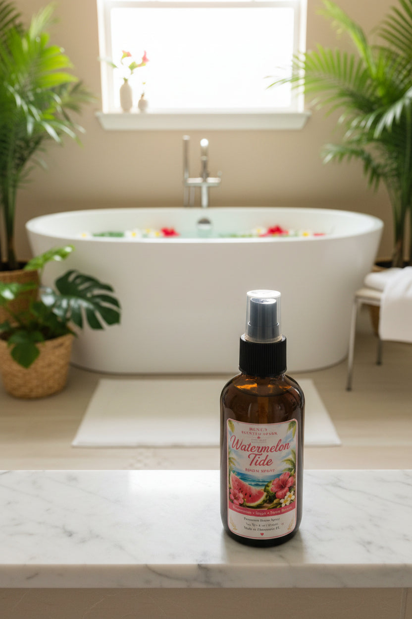A bottle of Watermelon Tide Room spray sits on a marble countertop in a bright, modern bathroom with a freestanding bathtub, potted plants, and bath flowers in the background.