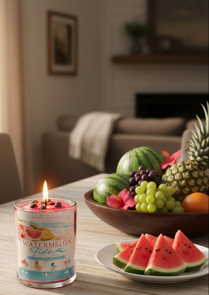 candle with the name watermelon tide on a glass jar  on a dining room table with fruits