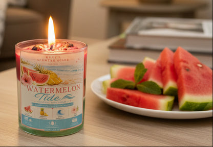 candle with the name watermelon tide on a glass  jar with slices of watermelon on a coffee table