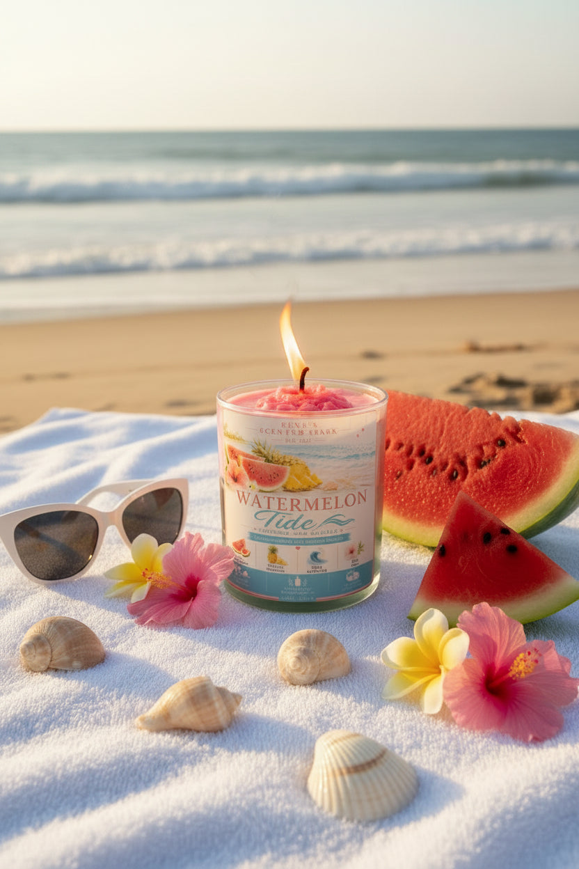 Watermelon-themed candle on a sandy beach with watermelon slices and flowers.