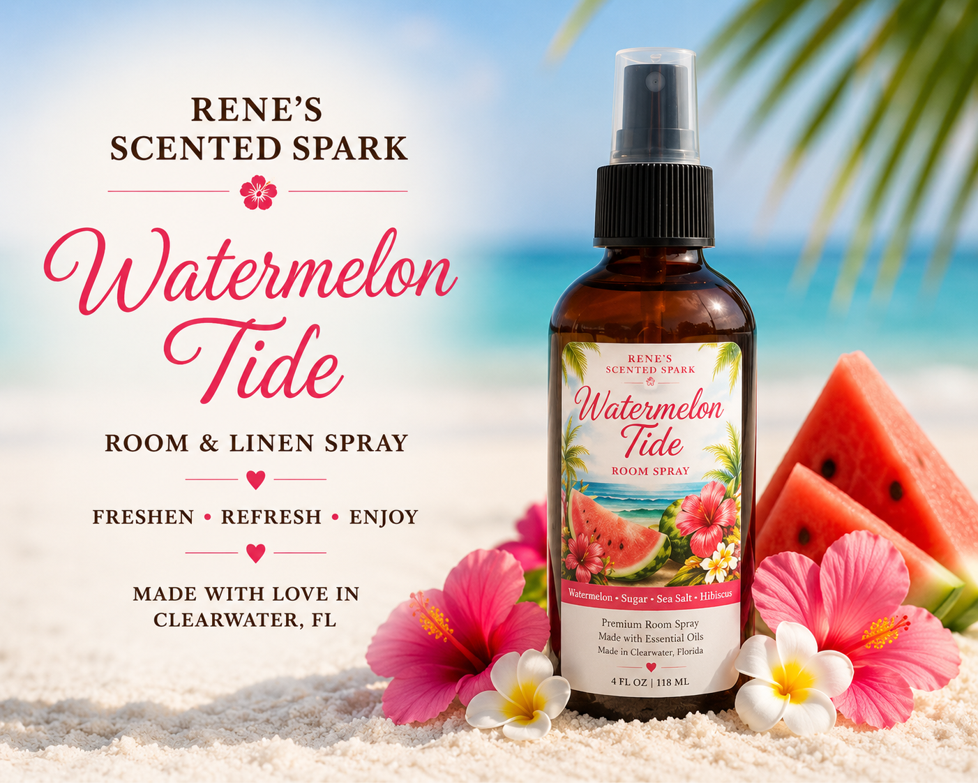 A bottle of Rene's Scented Spark Watermelon Tide Room and Linen Spray stands on a sandy beach with tropical flowers, watermelon slices, and a blurred ocean background. 