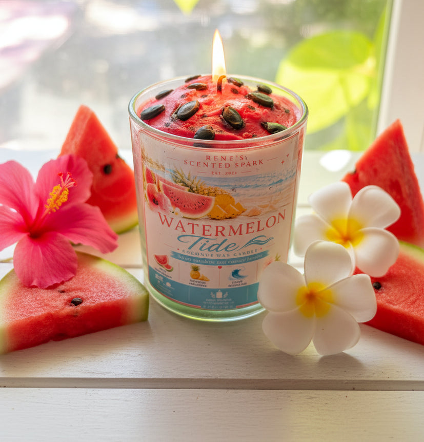 Watermelon Tide a 9 oz clear glass candle jar with a pink whipped wax top and realistic watermelon seed accents glows warmly on a white wood surface. The candle is lit with a visible soft flame. Fresh watermelon slices and tropical flowers rest softly at the base