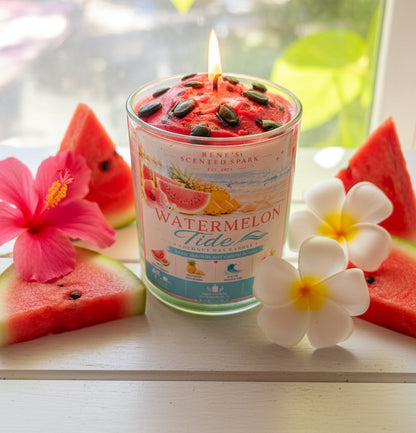 Watermelon Tide a 9 oz clear glass candle jar with a pink whipped wax top and realistic watermelon seed accents glows warmly on a white wood surface. The candle is lit with a visible soft flame. Fresh watermelon slices and tropical flowers rest softly at the base