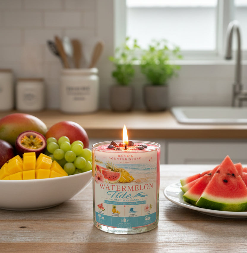 candle named watermelon tide on a kitchen table with a fruit bowl and watermelon
