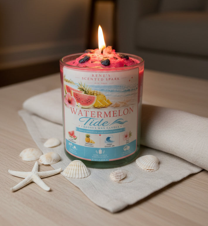 Lit watermelon tide candle with decorative elements on a table 