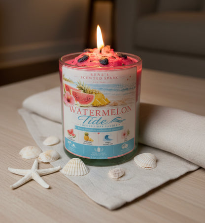 Lit watermelon tide candle with decorative elements on a table 