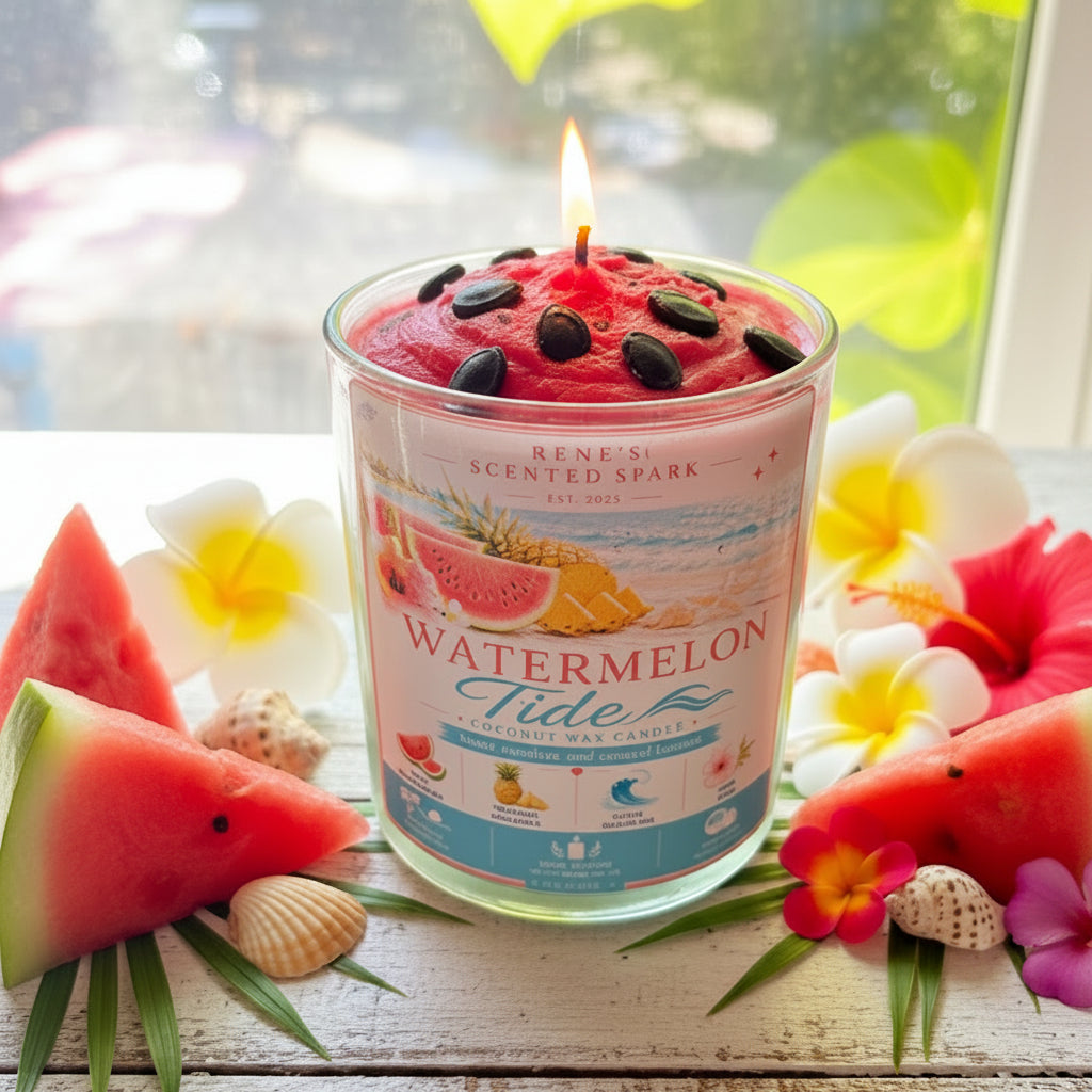 Watermelon Tide a 9 oz clear glass candle jar with peach and aquamarine layered wax and a bright coastal watermelon label sits centered on a white weathered wood surface. The candle features a lush pink whipped wax top with realistic dark oval watermelon seed accents. Fresh watermelon slices, tropical flowers and seashells are placed gently beside it. Bright natural sunlight