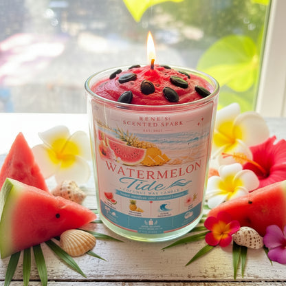Watermelon Tide a 9 oz clear glass candle jar with peach and aquamarine layered wax and a bright coastal watermelon label sits centered on a white weathered wood surface. The candle features a lush pink whipped wax top with realistic dark oval watermelon seed accents. Fresh watermelon slices, tropical flowers and seashells are placed gently beside it. Bright natural sunlight