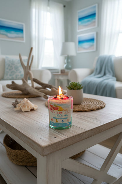 Candle on a wooden table with a coastal theme in a room with light blue walls and white furniture.