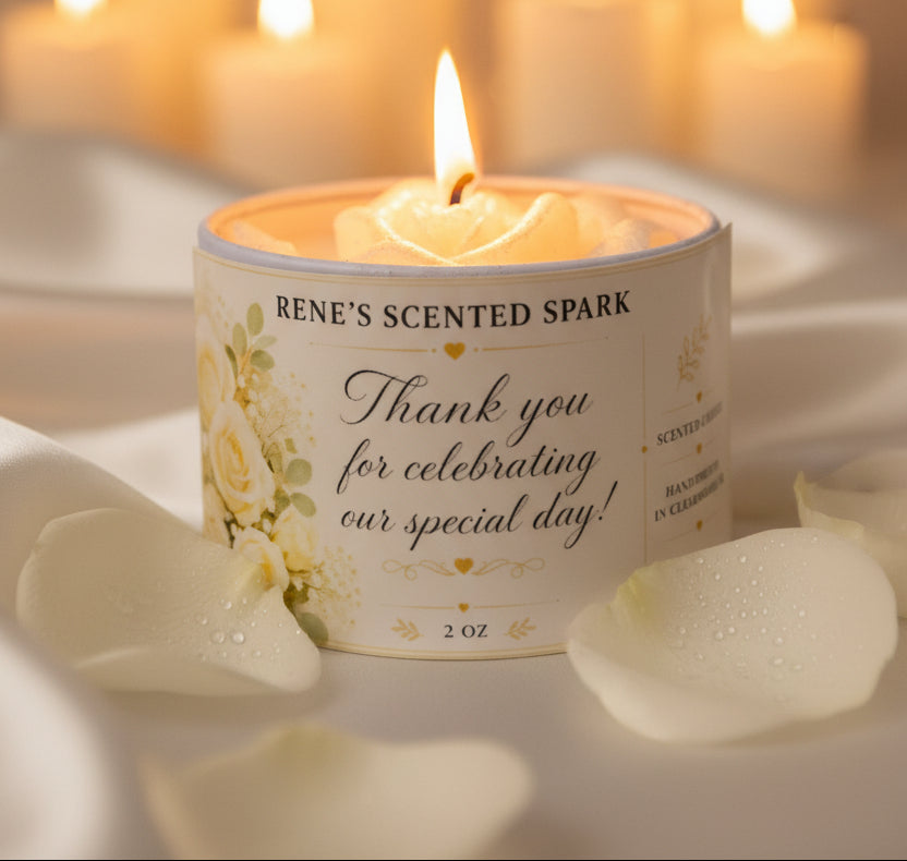 4 oz wedding favor candle with sculpted white rose wax topper and thank-you label, glowing among white rose petals and warm wedding lights.