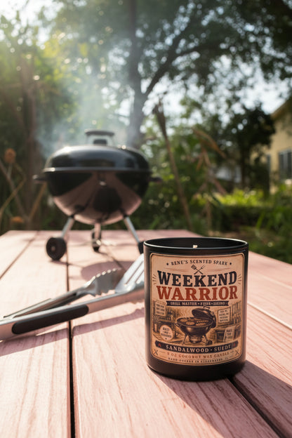 Candle labeled 'Weekend Warrior' on a wooden surface with a grill in the background