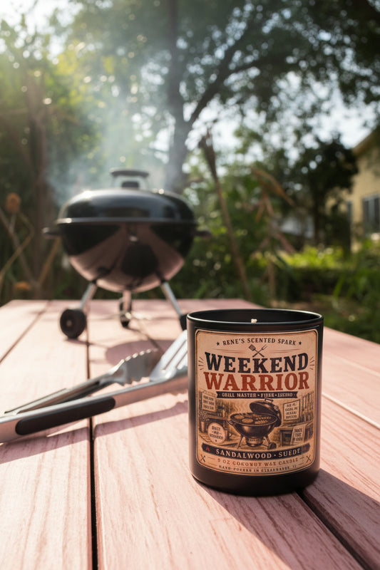 Candle labeled 'Weekend Warrior' on a wooden surface with a grill in the background