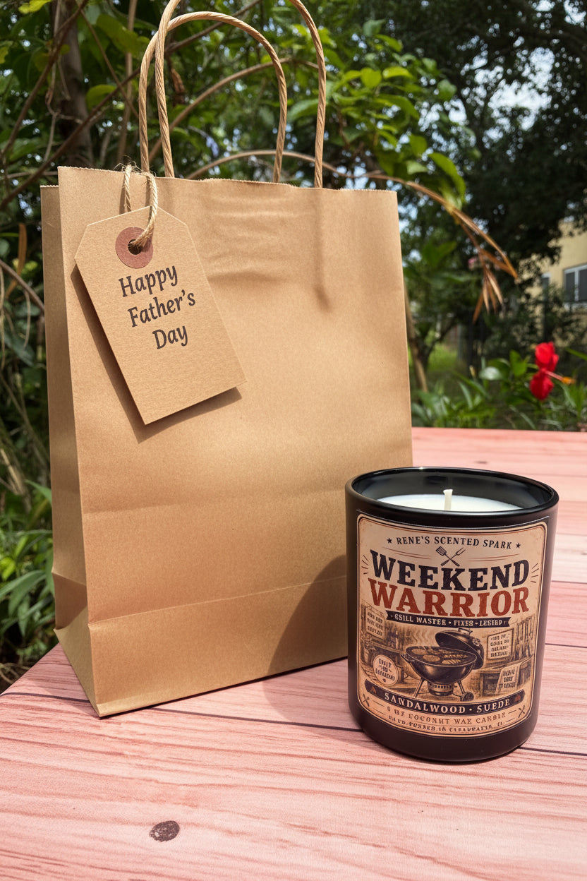 Brown paper bag with 'Happy Father's Day' tag and 'Weekend Warrior' candle on a wooden surface.