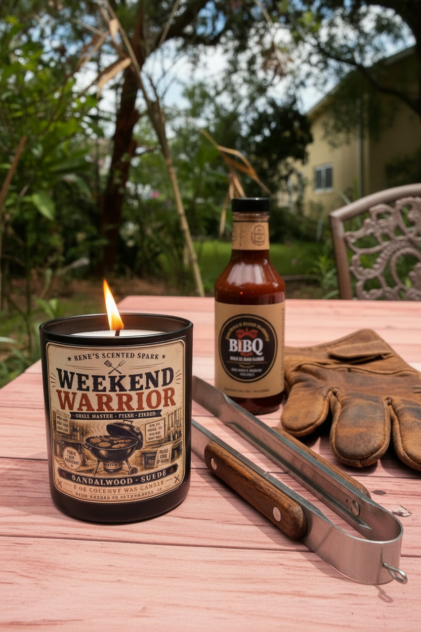Candle labeled 'Weekend Warrior' on a wooden surface with outdoor background