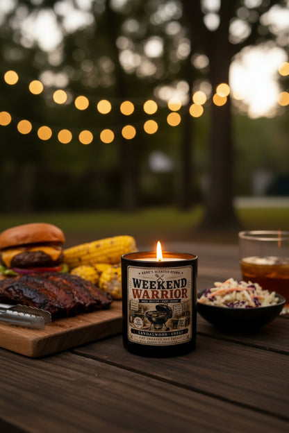 Candle labeled 'Weekend Warrior' on a table with food and string lights in the background