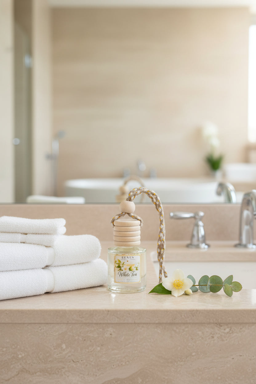 White Tea car freshener in a clear glass bottle displayed on a neutral bathroom vanity beside folded white towels, a white jasmine flower, and eucalyptus greenery.