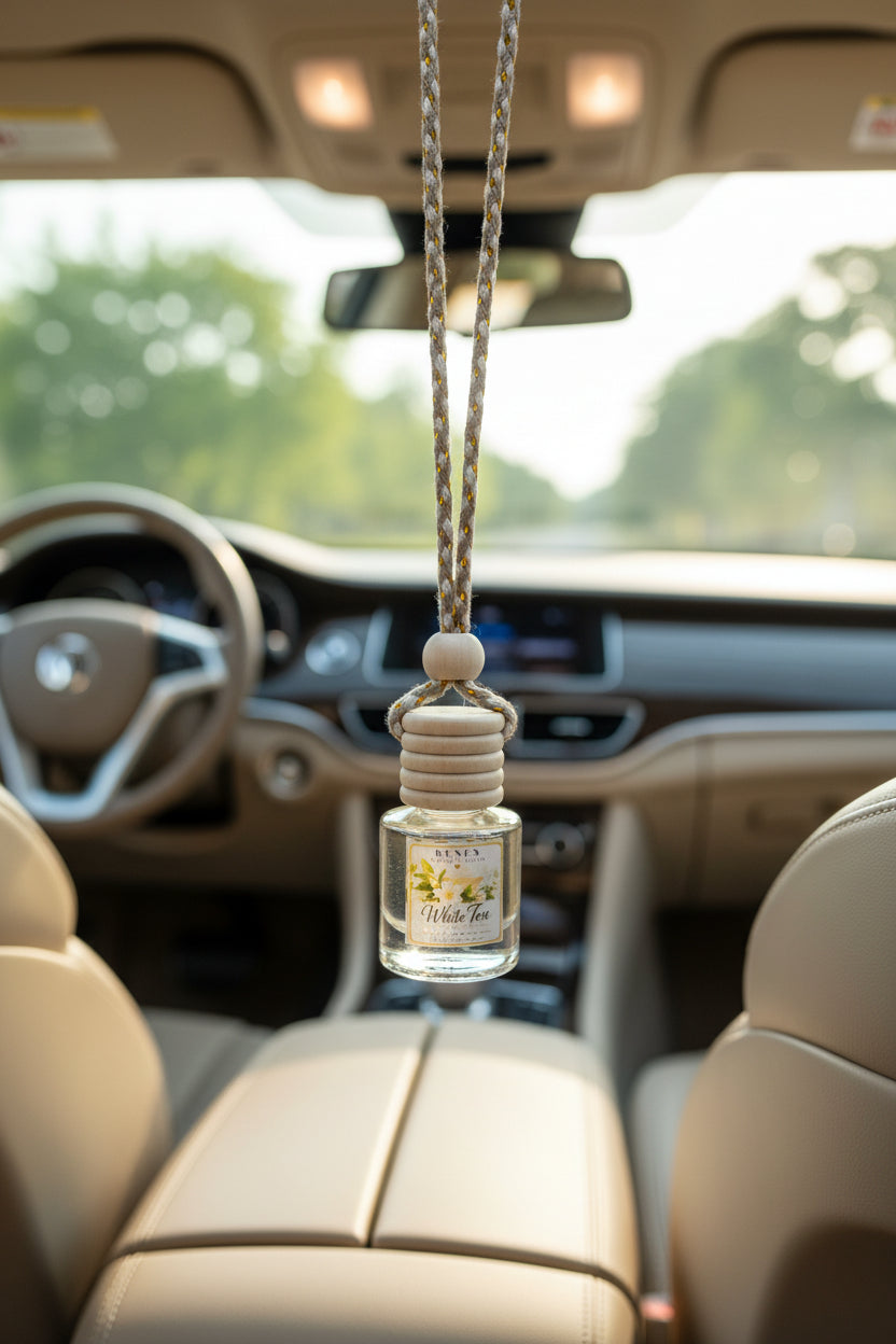 White Tea hanging car freshener in a clear glass bottle with a natural wood cap, suspended inside a beige car with soft sunlight and green trees visible through the windshield.