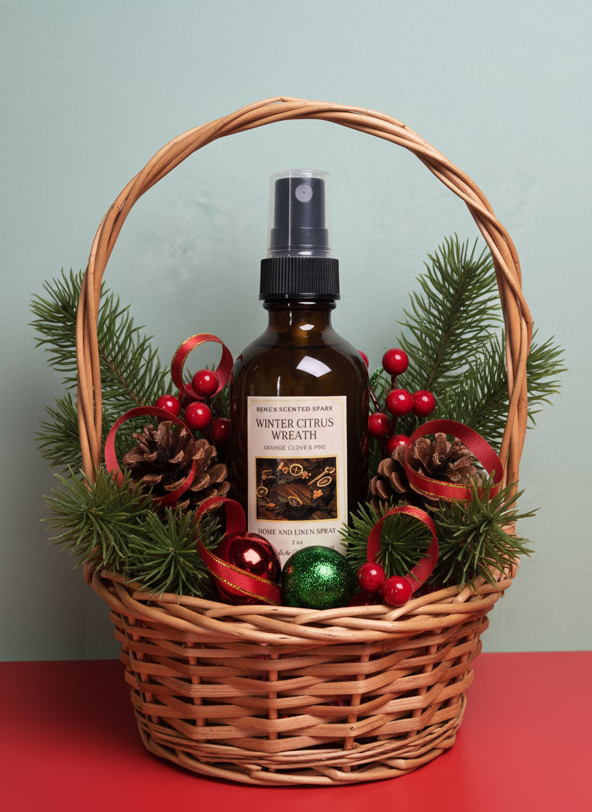Bottle of 'Winter Citrus Wreath' home and linen spray in a christmas basket