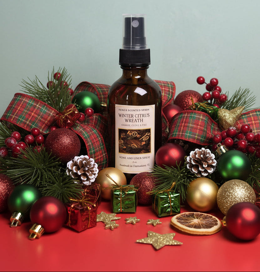 Bottle of winter citrus wreath spray surrounded by Christmas decorations on a red surface with a light green background.