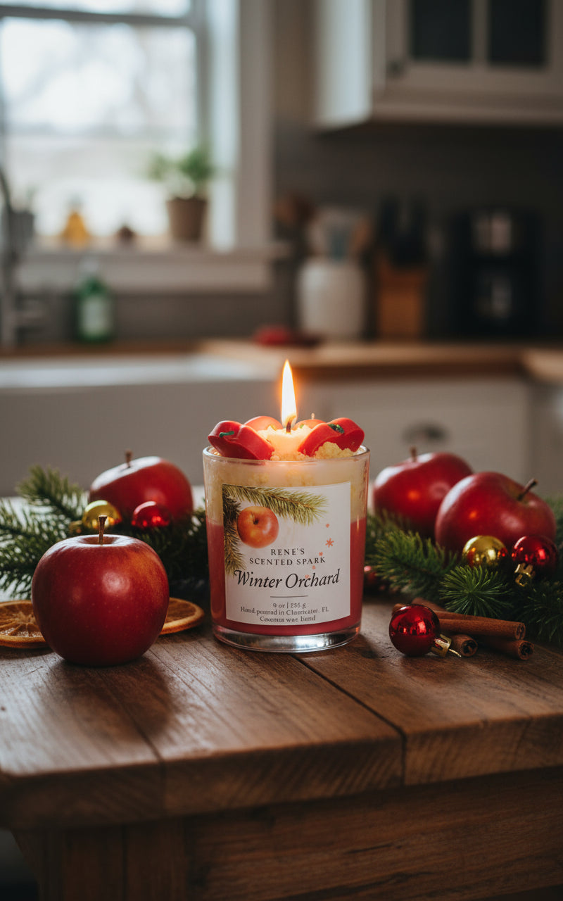 A handcrafted coconut wax candle labeled “Winter Orchard” by René’s Scented Spark. The candle is topped with decorative red apple wax pieces and cream-colored wax swirls, evoking a festive holiday feel. The label features an apple and pine branch design, highlighting the cozy Christmas theme.