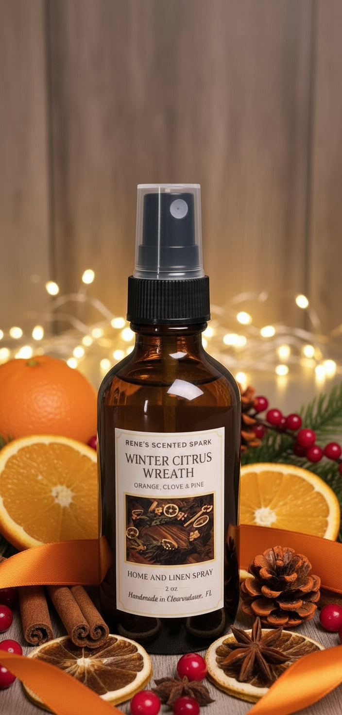 Bottle of winter citrus wreath spray with Christmas decorations in the background