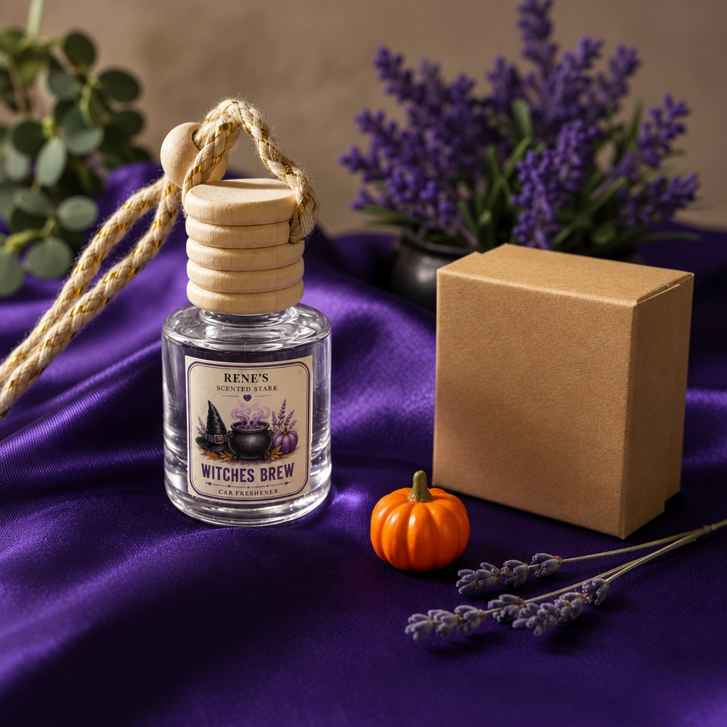 Witches Brew Halloween car air freshener with wooden diffuser cap by Rene's Scented Spark