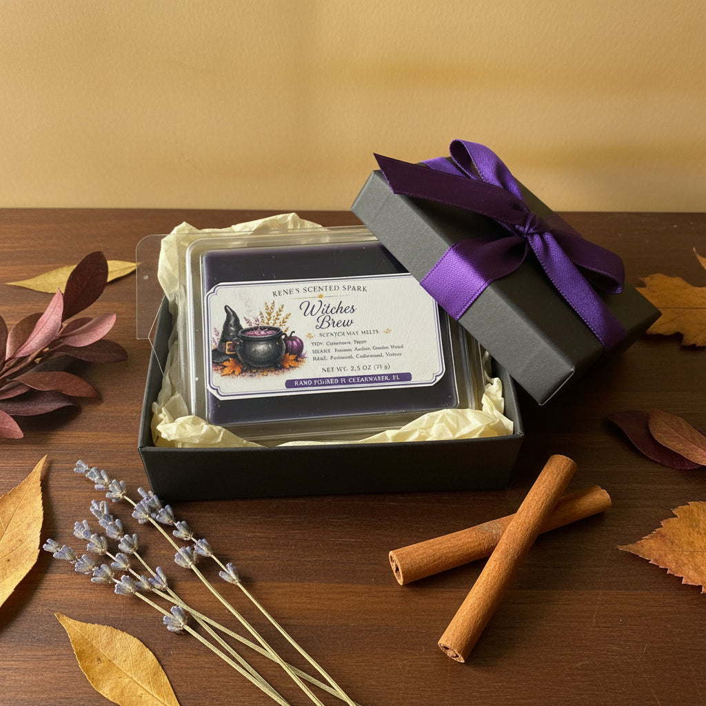 Witches Brew purple wax melts by Rene’s Scented Spark presented in a black gift box with purple ribbon, surrounded by cinnamon sticks, lavender, and autumn leaves.